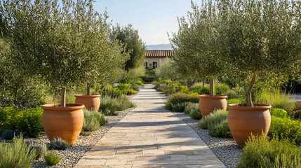Obraz premium Tuscany Mediterranean garden with olive trees and stone pathways, rustic Italian retreat