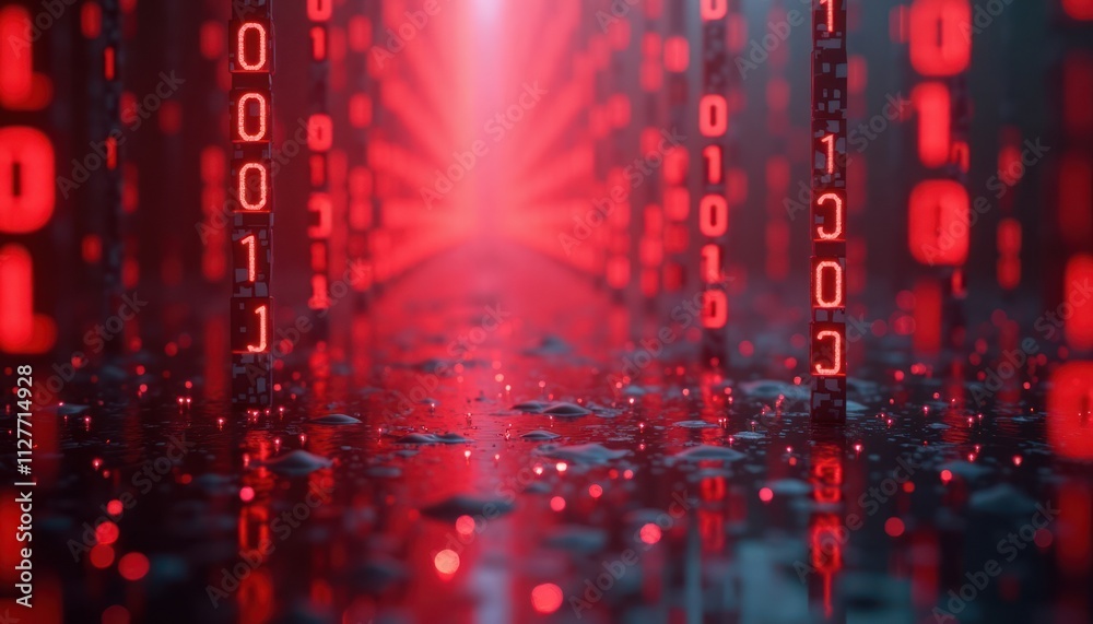 Aufkleber abstract tech background with red glowing binary code rain. digital data stream flows in tunnel. fut