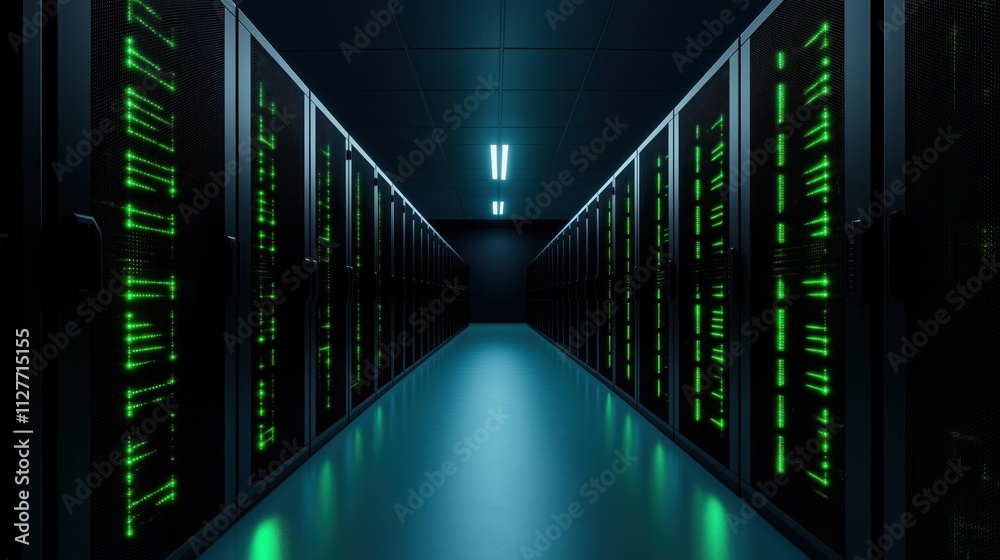 Aufkleber Dark server room. Rows of server racks. Glowing green lights in racks. Modern tech infrastructure. Powerful computing hub. Data center. High-tech environment. Data service center. Futuristic tech.