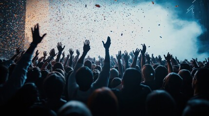 Large crowd enthusiastically cheering at concert venue. Hands raised high in excitement as confetti...