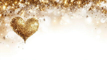 sparkling golden heart surrounded by shimmering stars and bokeh lights creates festive and romantic atmosphere, perfect for celebrations and special occasions