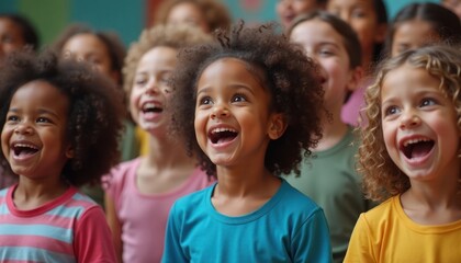 Mixed-race children sing joyfully in choir. Colorful backdrop. Kids look happy, excited during performance. Indoor setting. Moments of pure joy, expression. Kids wear casual clothes like colorful