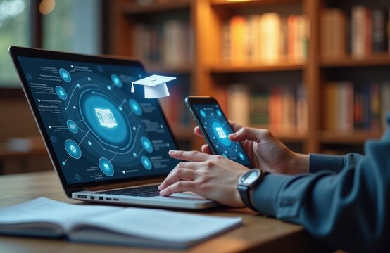 Person uses laptop, phone for online education. Digital learning interface on screens shows different e-learning courses. Modern tech used for distant education. Person studies in library. Learning