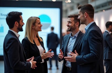Four businesspeople engage in animated discussion at trade show. Business attire indicates pro setting. Diverse group converses, likely focused on business opportunities ideas. Large presentation
