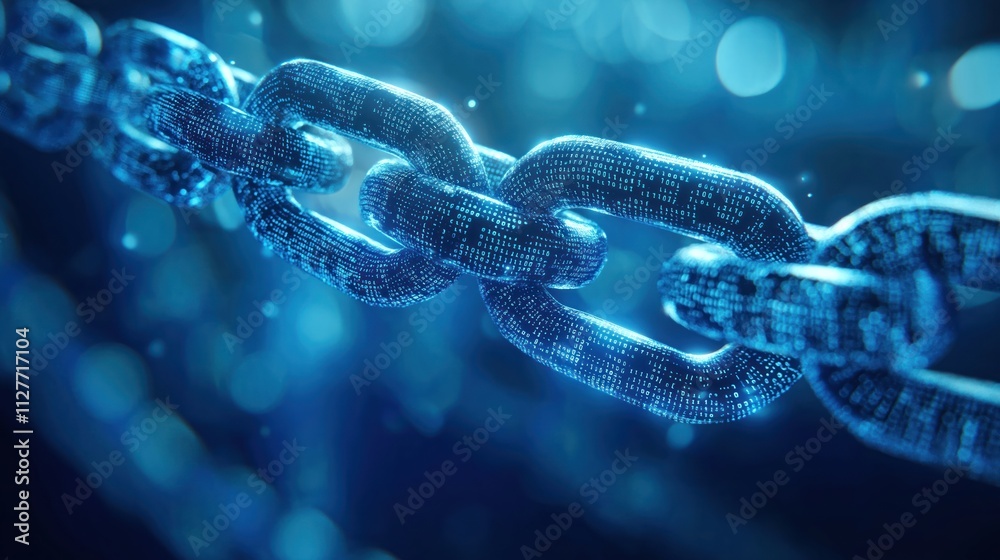 Poster Digital chain network. Interlocking links with binary code. Abstract design. Futuristic tech concept. Blue background. Strong connection visualized. Data flow illustrated. Modern tech art. Secure