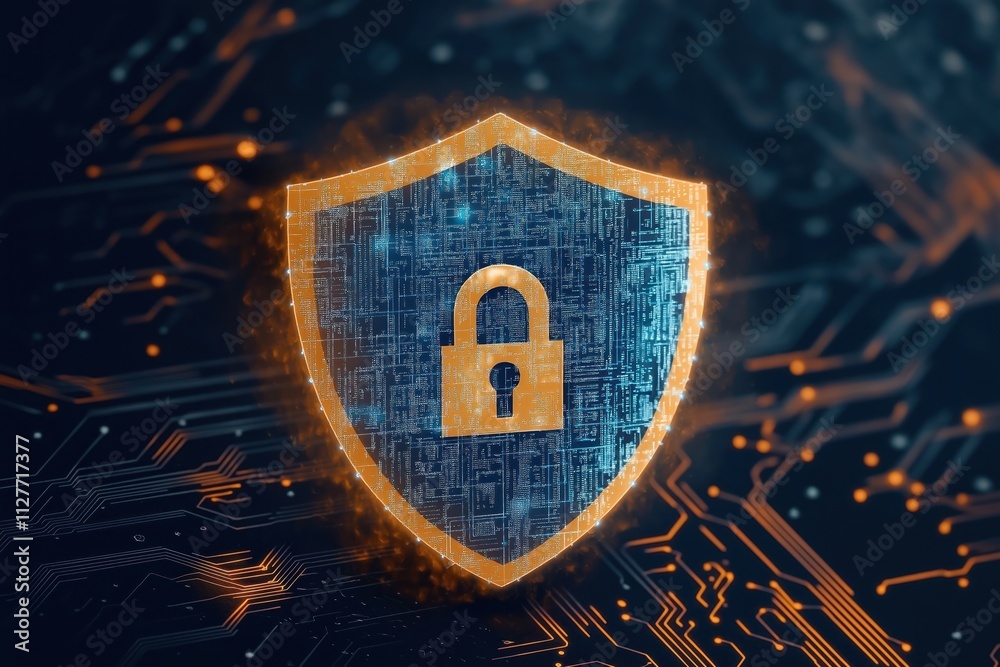 Aufkleber Digital shield with lock graphic shows cyber security, data protection. Advanced tech safeguards data privacy. Generative AI creates secure networks. Firewall technology protects against threats.