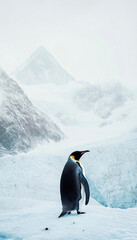Fototapeta premium A solitary emperor penguin stands proudly against a snowy landscape, showcasing nature's resilience in the cold environment.