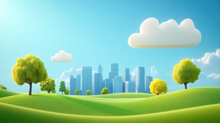3D cartoon cityscape on green hills, simple shapes, minimalistic, clear blue sky, cute style