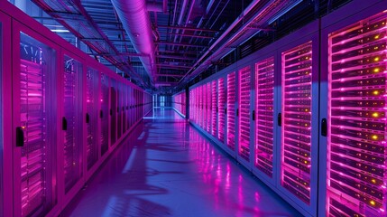 Fototapeta premium Vibrant Pink-Lit Server Room Corridor: Rows of Data Center Racks