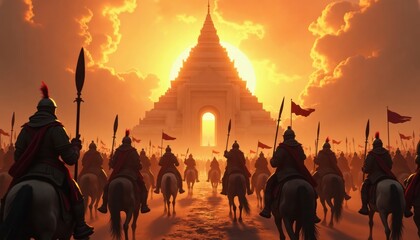 Large army of soldiers on horseback marches towards ancient monument. Warriors ride horses. Red flags fly. Sunrise or sunset. Historical epic scene. War concept illustration.