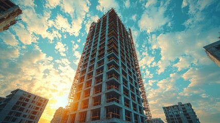Obraz premium A construction site showcasing nearly completed high rise building under vibrant sky. scene captures essence of urban development and progress