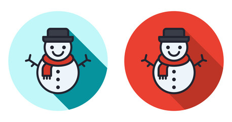 Snowman Icon. Vector Icon on round background with shadow. Cute Snowman with Hat and Scarf. Winter, Christmas and Holidays Concept