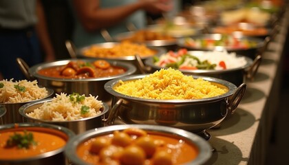 Indian buffet table displays variety curries rice and vegetables. Food arranged in metal bowls. Diverse Indian dishes available. Buffet style food service. Healthy and delicious Indian meal options.