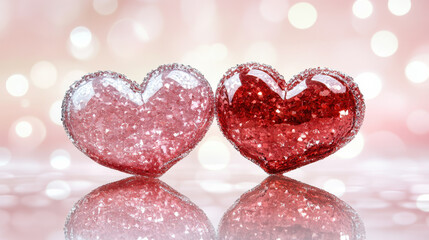 Obraz premium Shiny pink and red hearts with glitter on reflective surface, creating romantic atmosphere. Perfect for Valentine Day or love themed designs