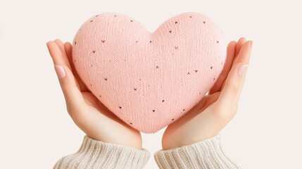 Fototapeta premium soft pink heart held gently in hands, symbolizing love and care. cozy texture and warm colors evoke feelings of comfort and affection, perfect for expressing emotions