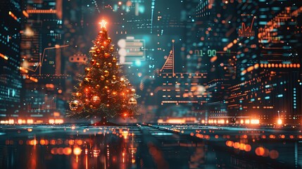 Obraz premium Illuminated Christmas Tree in a Futuristic Cityscape with Data Overlays