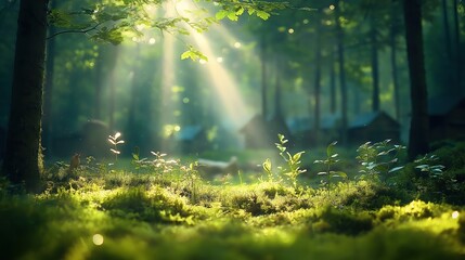Fototapeta premium Sunlight streams through forest foliage illuminating rich greenery and moss. Small plants sprout from ground. Tranquil and peaceful natural scene. Perfect for nature lovers seeking relaxing escape.