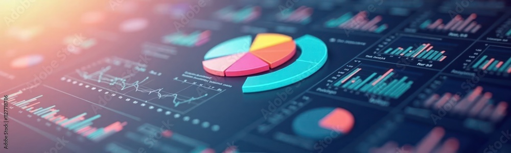 Poster modern tech dashboard displays customer data analysis with pie charts, graphs. visual design sleek, 