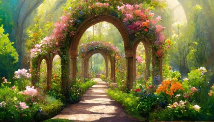 A Beautiful Secret Fairytale Garden with Flower Arches and Colorful Greenery: A Digital Painting Capturing the Enchantment of Natures Splendor in a Whimsical Setting
