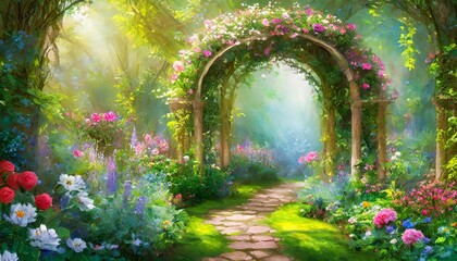 A Beautiful Secret Fairytale Garden with Enchanting Flower Arches and Lush Colorful Greenery, Captured in a Stunning Digital Painting that Invites Imagination and Dreamy Escapes.