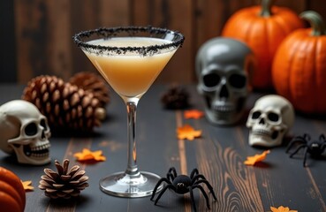 Obraz premium Halloween cocktail with spooky decorations. Orange cocktail in martini glass with dark rim. Halloween themed decorations include skulls pumpkins, spiders. Fall colors, Halloween spirit create festive