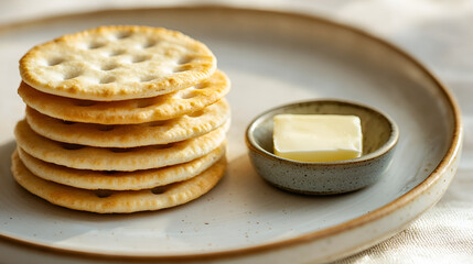 crispy crackers, butter snack, plain biscuits, flaky stack, rustic plate, simple snack, golden crackers, baked treat, savory snack, cozy food, natural light, wholesome bite, clean appetizer, crunchy