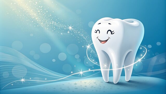 Artistic representation of a pristine white tooth positioned on a cheerful blue backdrop emphasizing dental health and hygiene ideal for dentist day promotions and oral care awareness 
