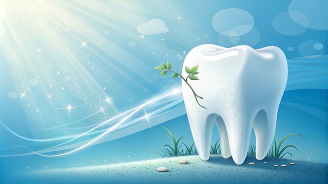 Artistic representation of a pristine white tooth positioned on a cheerful blue backdrop emphasizing dental health and hygiene ideal for dentist day promotions and oral care awareness 
