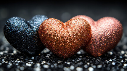Obraz premium Glittering hearts in black, gold, and rose gold colors create stunning visual on sparkling background, perfect for celebrations and romantic occasions