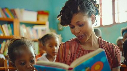 Image of a teacher reading a picture book to a toddler.