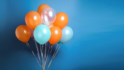 A Colorful Collection of Balloons: Vibrant Orange and Blue Balloons Floating Against a Bright Blue Background in a Captivating Display of Celebration and Joyful Atmosphere