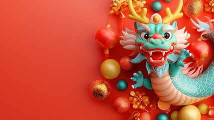A playful cartoon dragon with vibrant colors, surrounded by festive decorations