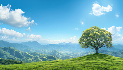 Obraz premium A serene landscape featuring large tree on grassy hill, surrounded by mountains and clear blue sky. scene evokes tranquility and natural beauty
