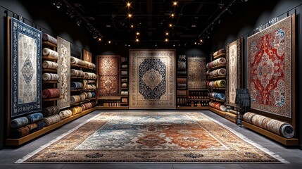 Luxurious rug showroom interior with diverse carpets on display.