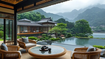 Fototapeta premium Serene Asian Villa Mountain View Infinity Pool Rattan Furniture