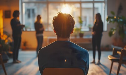 Fototapeta premium A young man is sitting in the center of his group therapy session, with other people standing around him and talking to each other The focus on the back view captures their silhouettes,