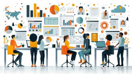 Diverse team collaborating on data analysis, charts, and graphs in a modern office.