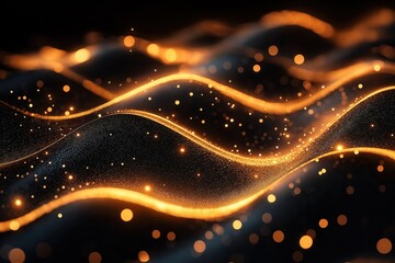 Obraz premium Abstract design with dynamic gold waves. Shiny gold lines on black background with glowing particles. Creative tech illustration for business, powerpoint presentations. Suitable for modern designs.