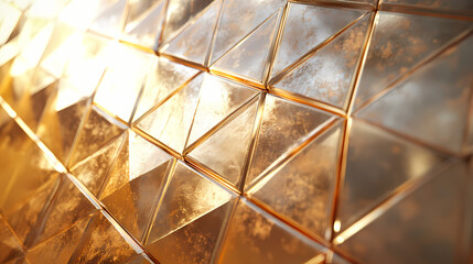 A captivating close-up of geometric metallic tiles reflecting warm golden hues, creating a sense of industrial elegance and modern sophistication. Lumina. Illustration