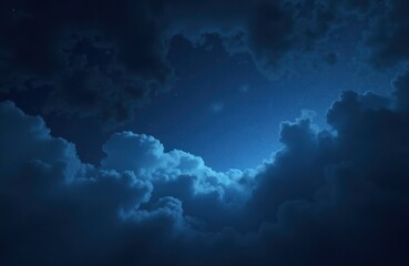Night sky full of dark blue clouds, white specks of stars. Deep blue color palette creates mysterious atmosphere. Majestic cloudscape evokes sense of wonder, beauty. Abstract photo ideal for tech