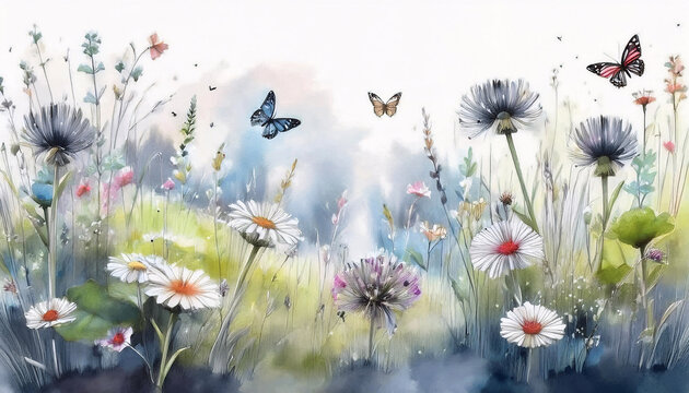 Fototapeta A serene watercolor landscape with a field of wildflowers and butterflies fluttering in the gentle breeze