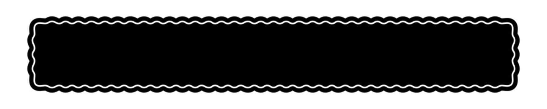 Long rectangle form with wavy borders. Curvy rectangular shape. Empty text box or headline, tag or label isolated on white background. Vector graphic illustration.