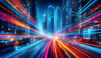 Fototapeta premium dynamic glowing futuristic roads with vibrant light trails weaving through a neon lit cityscape