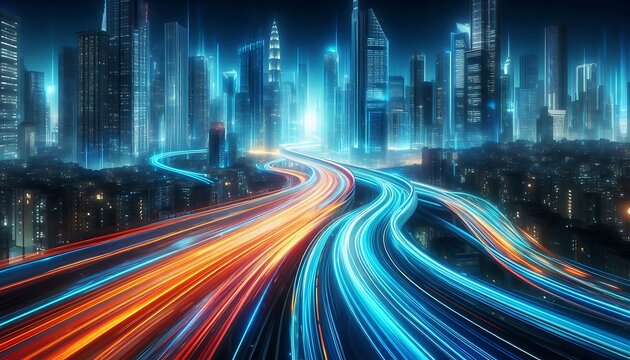dynamic glowing futuristic roads with vibrant light trails weaving through a neon lit cityscape