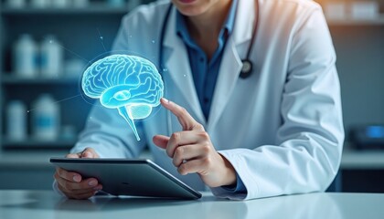 Doctor uses tablet to examine brain hologram. Medical tech examines brain disorder in lab. Innovative tech for brain diagnosis. Medical pro diagnoses patient. Modern healthcare technology used.