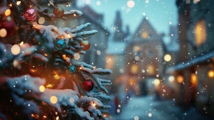 A beautifully decorated Christmas tree with colorful ornaments and snow in a festive winter setting.