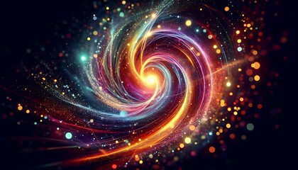 vibrant glowing particles swirling together to form a dynamic abstract vortex of light on a dark background