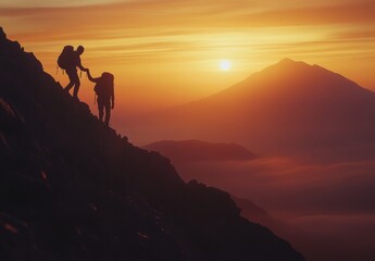 hikers silhouetted at a mountain summit during sunset, making it perfect for outdoor campaigns promoting teamwork and accomplishment.