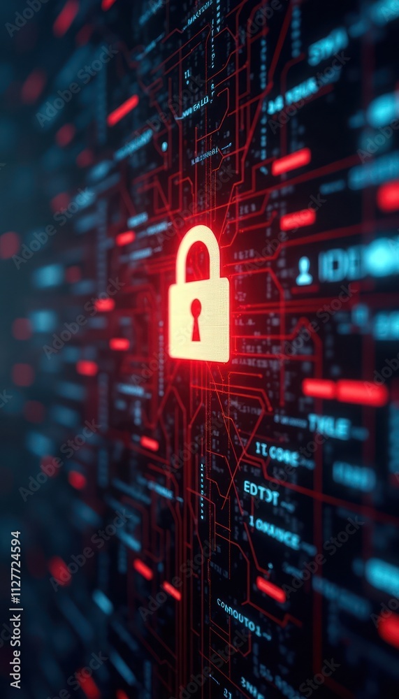 Poster cybersecurity concept shows data protection management. digital interface displays complex network o