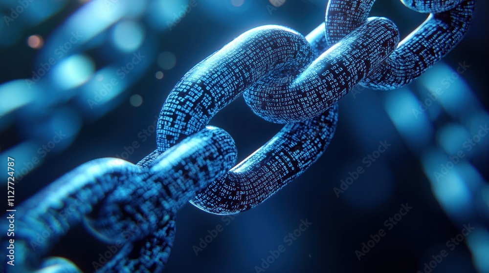 Poster Abstract digital chain links. Network connections. Interlocking chain segments. Futuristic tech design. Binary data displayed. Blue background. Cyber security concept. Data integration. Information